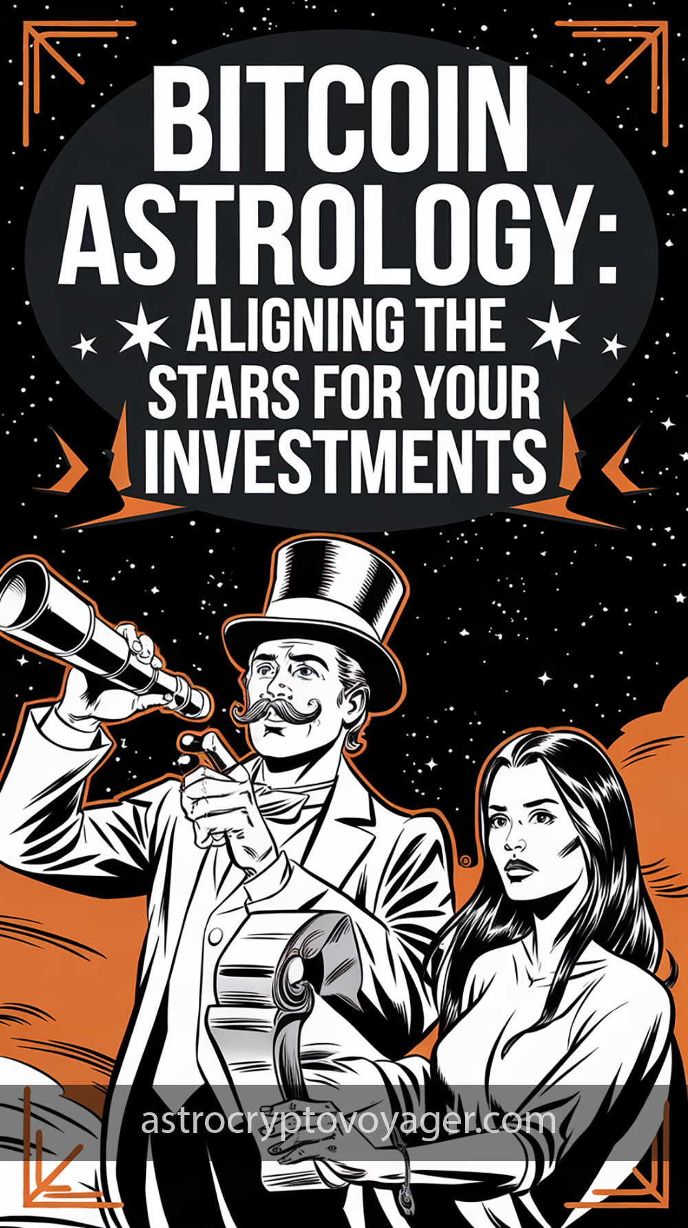 Comic book style, black and white with orange accents: Text on the image: "Bitcoin Astrology Aligning the Stars for Your Investments"